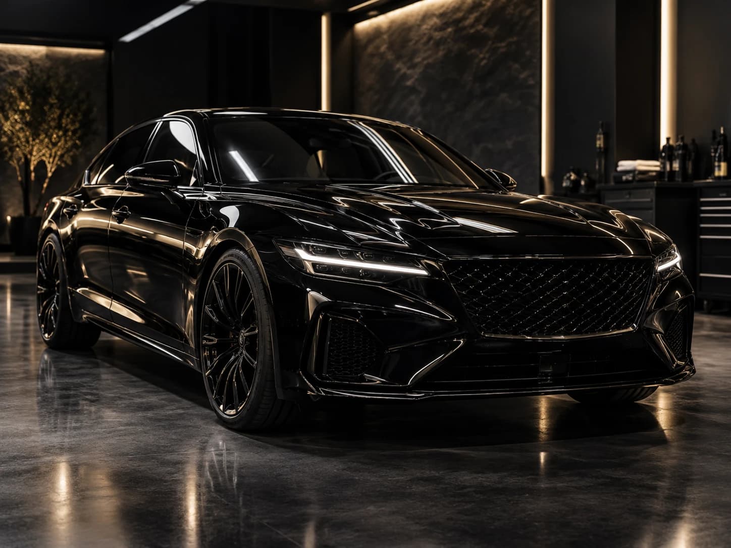 A glossy black sedan in a dark showroom garage lit with warm gold ambient lighting
