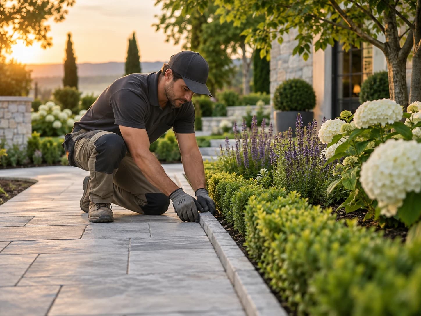 A landscaper carefully laying a stone paver path beside a flower bed