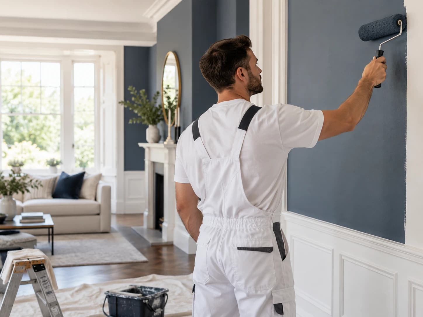 A painter in white overalls using a roller to paint a wall deep blue